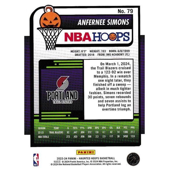 2023-24 Haunted Hoops Basketball Card #79 Anfernee Simmons - Picture 2 of 2